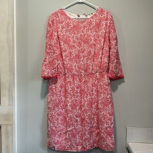 Boden Dolly Day Faux Wrap Dress 16 Red Floral Paisley 3/4 Sleeve Empire Waist
